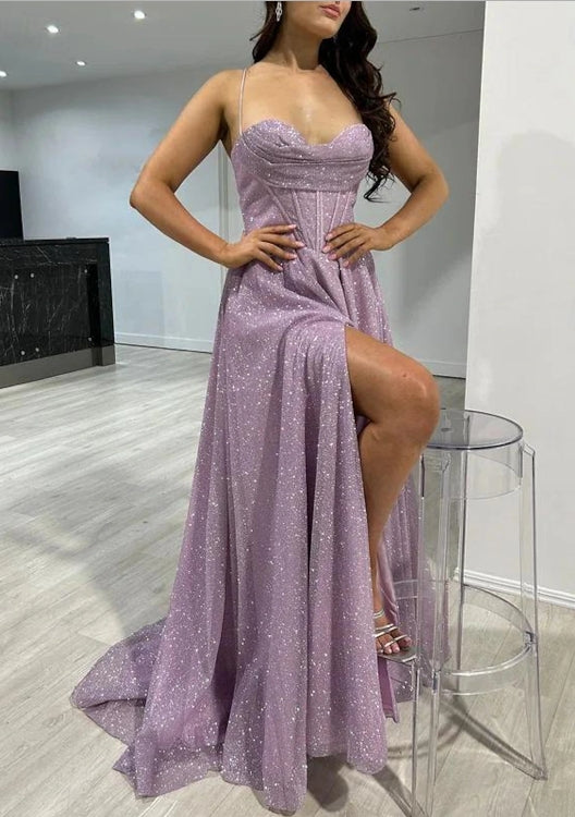 A-Line Prom Dresses Corsets Party Sleeveless Spaghetti Strap Fall Wedding Reception Tulle with Glitter Pleats