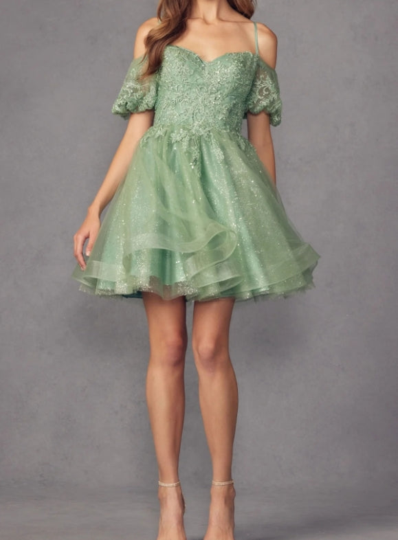 Puff-Sleeve Short A-Line Shimmer Prom Dress Party Dress