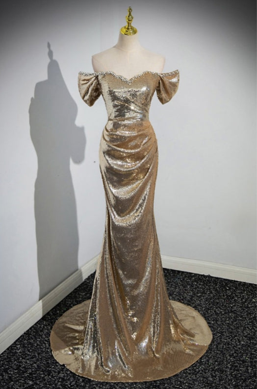 Off Shoulder Sequin Mermaid Prom Dress with Train