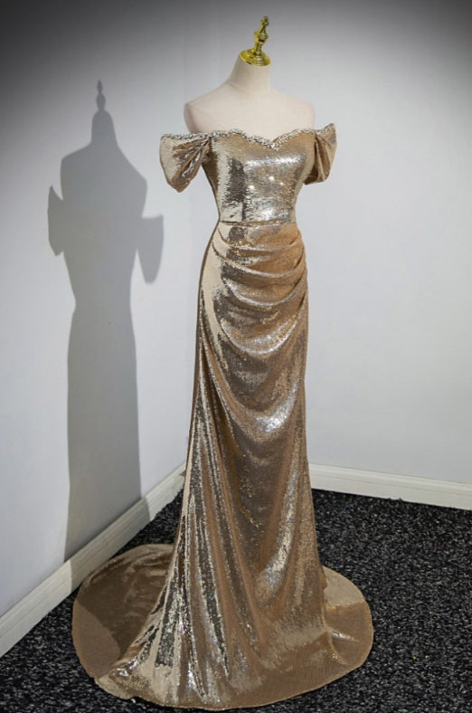 Off Shoulder Sequin Mermaid Prom Dress with Train