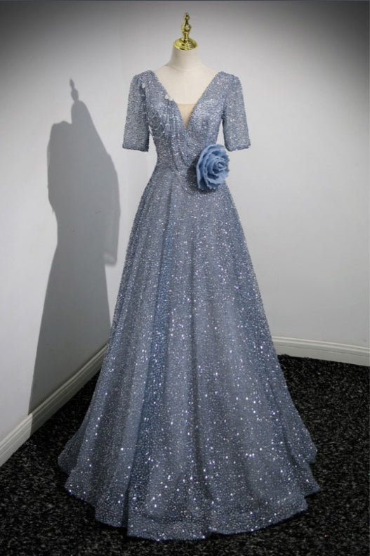 Sparkly Sequin Long Prom Dress with Flower Sleeves