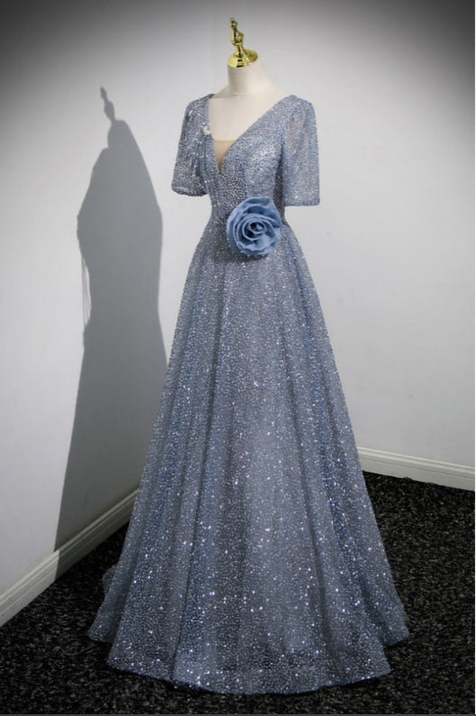 Sparkly Sequin Long Prom Dress with Flower Sleeves