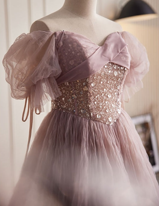 Cute A-Line Tulle Prom Dress with Bubble Sleeves