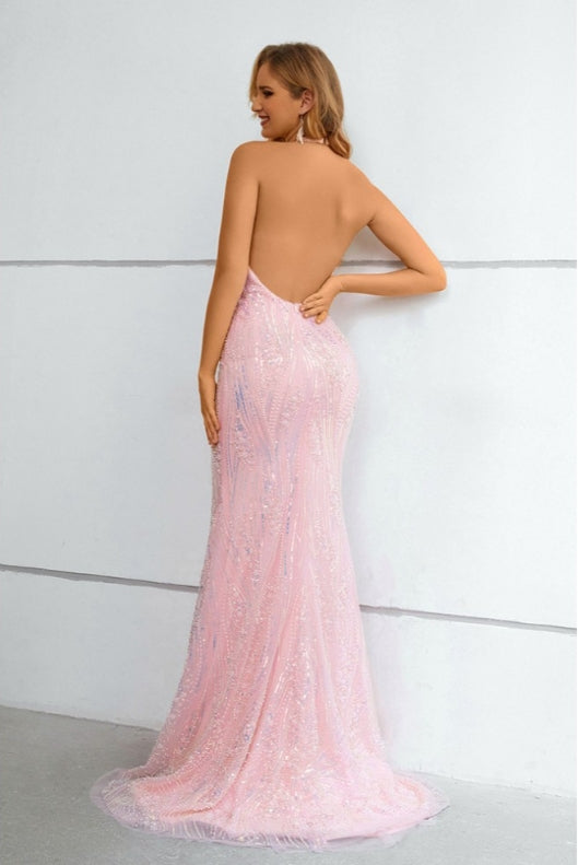 Backless Long Halter Mermaid Pink Prom Dress