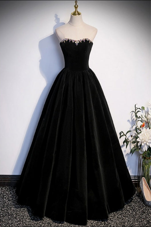 A-Line Black Velvet Prom Dress with Removable Sleeves