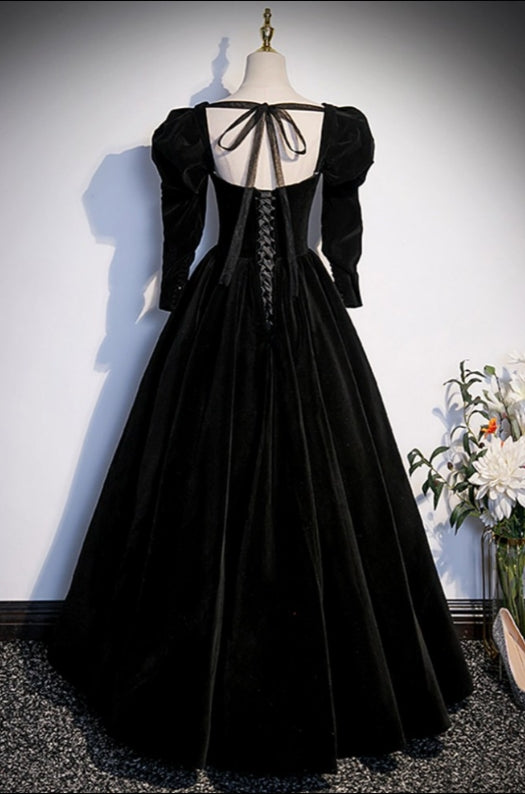 A-Line Black Velvet Prom Dress with Removable Sleeves