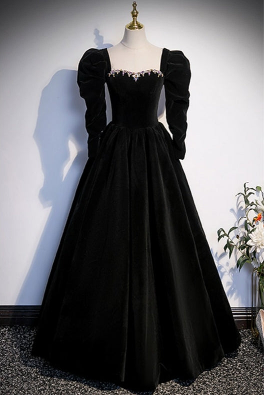 A-Line Black Velvet Prom Dress with Removable Sleeves