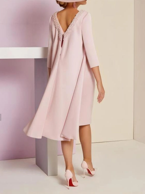 Two-piece Mother Of The Bride Dress Jewel Neck Knee-length Sequins Italian Satin 3/4 Sleeve With
