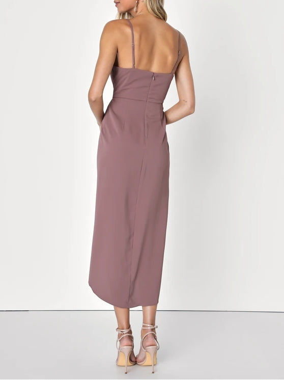 Simple Mauve Purple Ruched Asymmetrical Midi Dress Cocktail Dresses