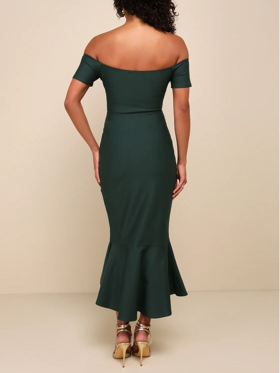 Mermaid Dark Green Off-the-Shoulder Midi Dress Cocktail Dresses