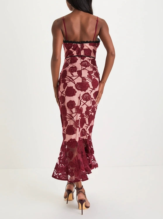 Mermaid Burgundy Floral Mesh Lace Trumpet Midi Dress Cocktail Dresses