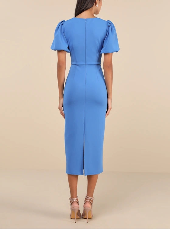 Simply Beloved Blue Puff Sleeve Bodycon Midi Dress Cocktail Dresses
