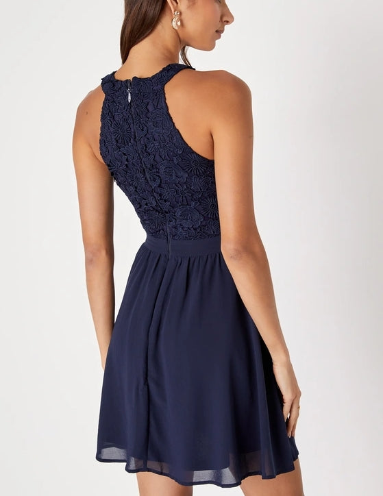 Navy Blue Lace Skater Dress Halterneck A-Line Cocktail Dresses