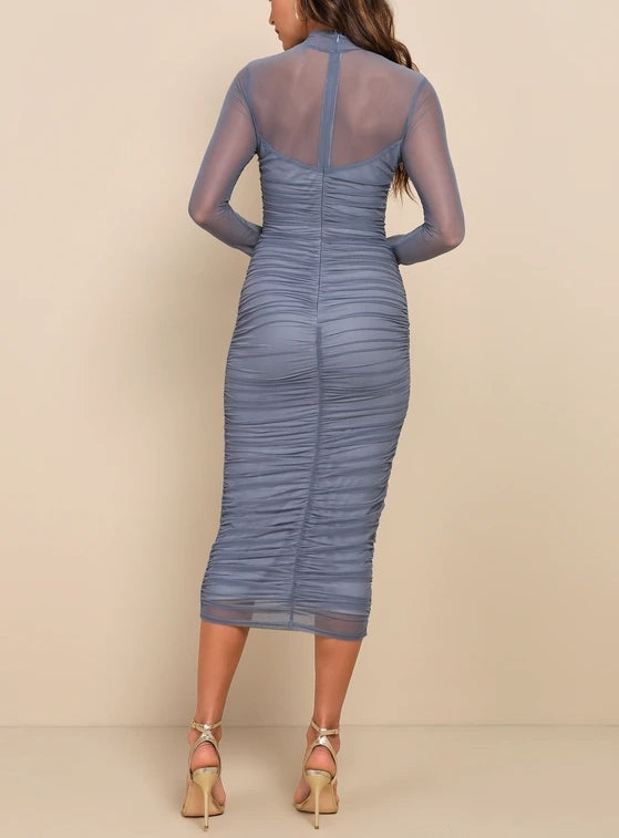 Slate Blue Mesh Ruched Mock Neck Midi Dress Cocktail Dresses