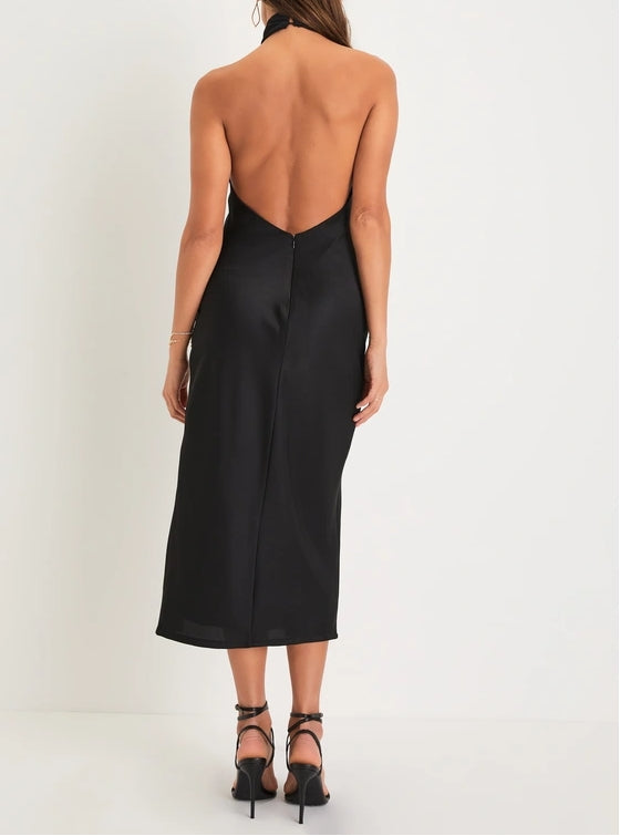 Classy Black Satin Halterneck Midi Dress Cocktail Dresses With Slit