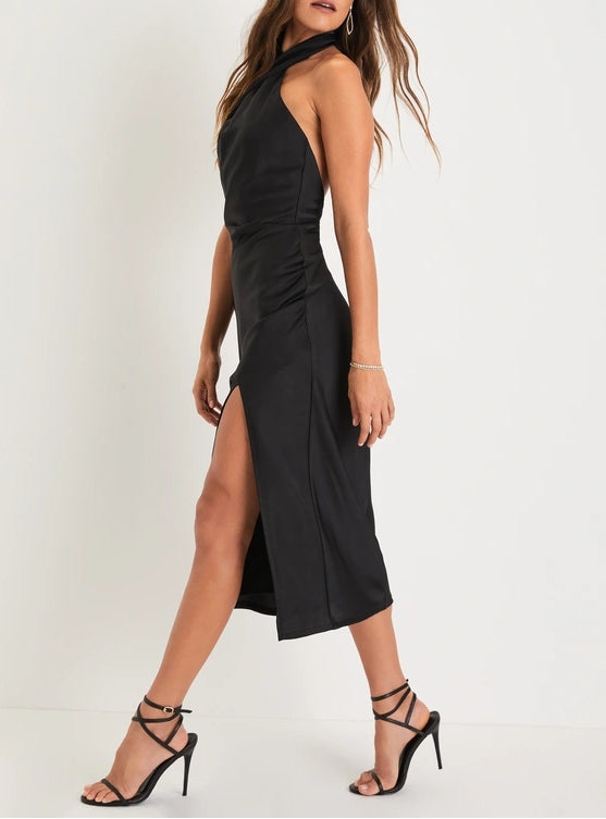 Classy Black Satin Halterneck Midi Dress Cocktail Dresses With Slit