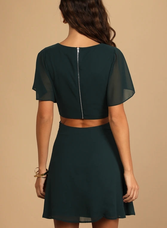 Dark Green Cutout Mini Dress Chiffon Half Sleeve Cute A-Line Cocktail Dresses
