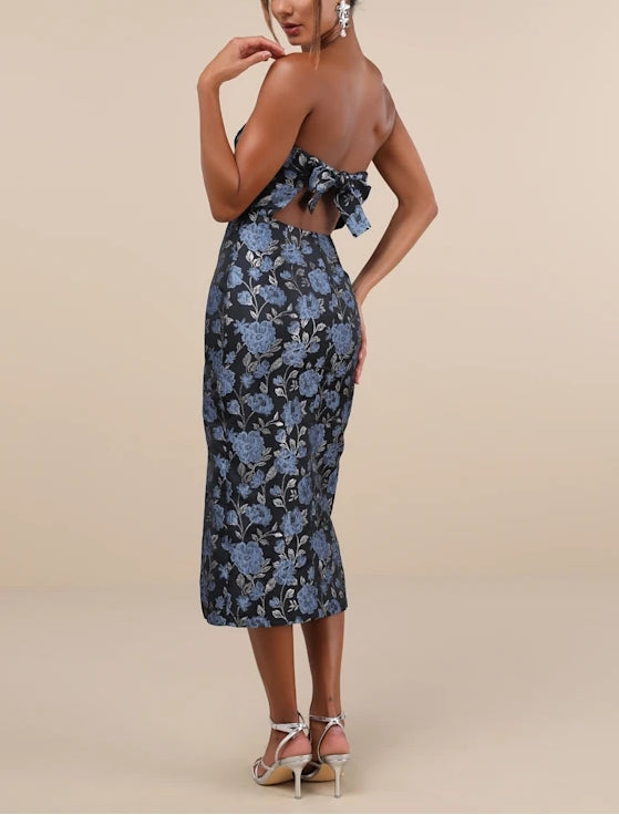 Jacquard Strapless Bodycon Cutout Bow Midi Dress Cocktail Dresses With Slit