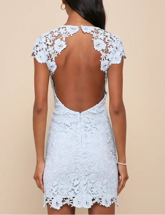 Light Blue Backless Lace Dress Backless Bodycon Short Cocktail Dresses