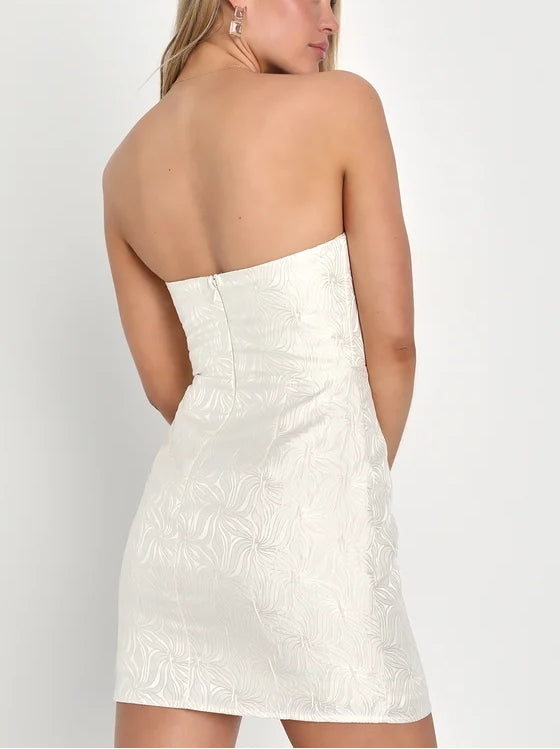 Beauty Ivory Jacquard Strapless Bustier Mini Dress Cocktail Dresses With Slit