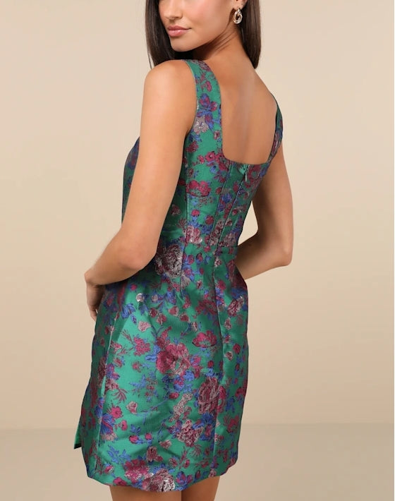 Green Floral Jacquard Lurex Bustier Short/Mini Dress Cocktail Dresses