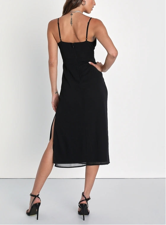 Black Sleeveless Midi Dress Spaghetti Strap Cocktail Dresses With Slit