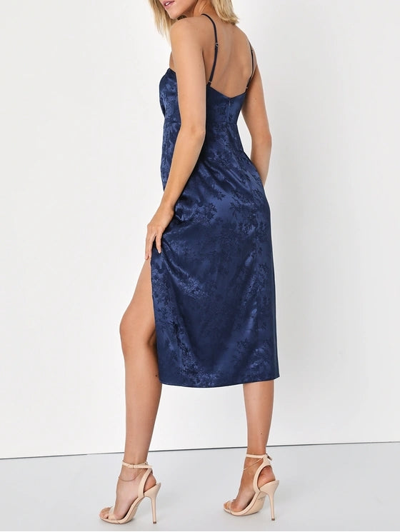 Navy Blue Satin Jacquard Halter Neck Midi Dress Cocktail Dresses With Slit