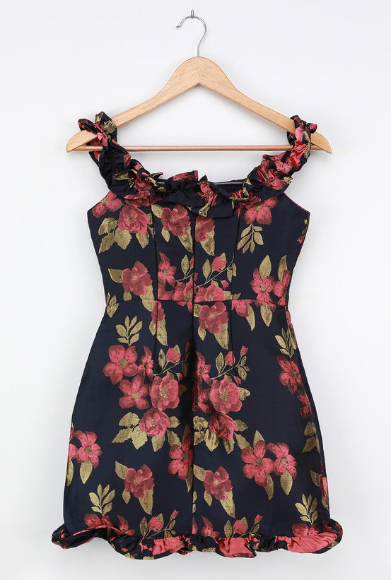 Navy Blue Floral Jacquard Ruffled Mini Dress Off Shoulder Cocktail Dresses