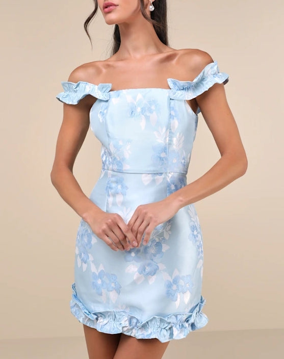 Navy Blue Floral Jacquard Ruffled Mini Dress Off Shoulder Cocktail Dresses