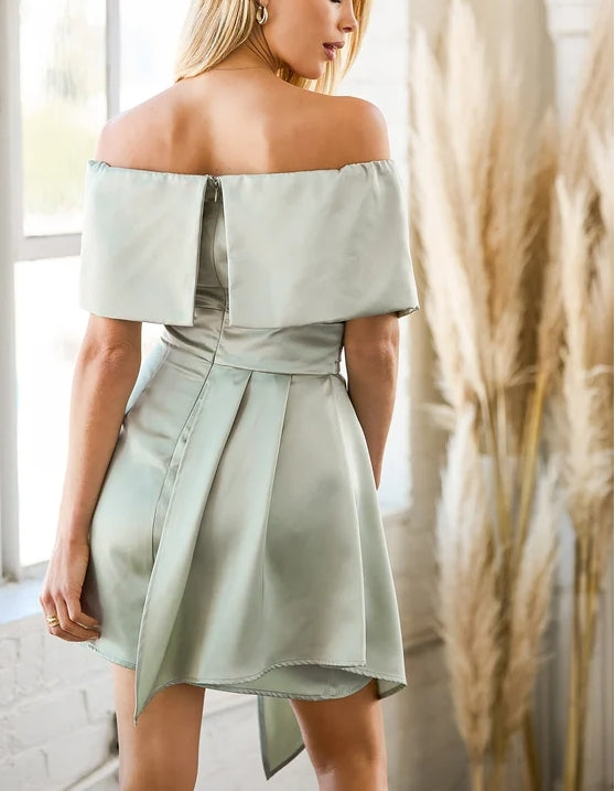 Sage Green Satin Off-the-Shoulder Mini Dress Cocktail Dresses