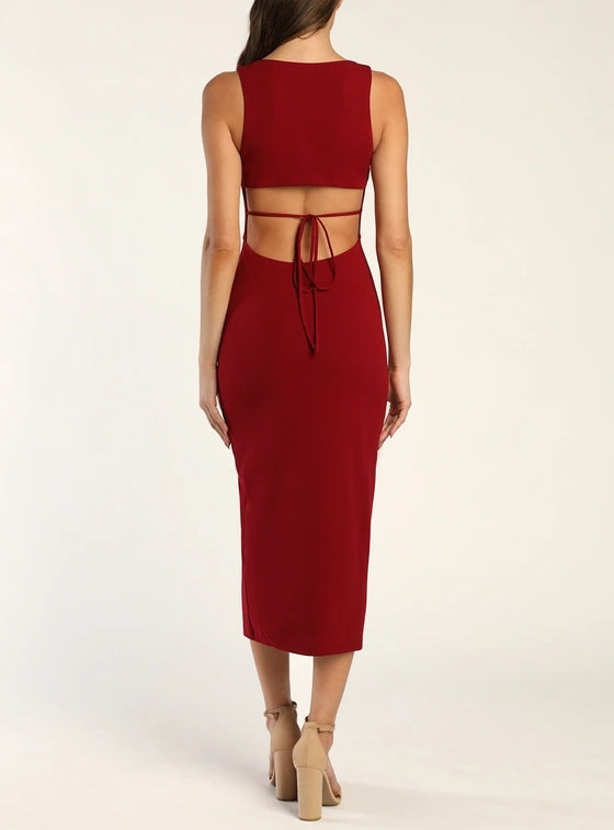Wine Red Cutout Bodycon Midi Dress Cocktail Dresses With Slit