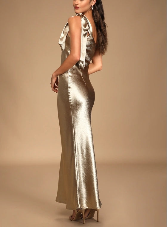 Gold Satin One-Shoulder Tie-Strap Sheath Maxi Dress Evening Dresses