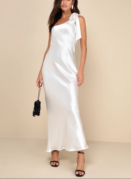 Gold Satin One-Shoulder Tie-Strap Sheath Maxi Dress Evening Dresses