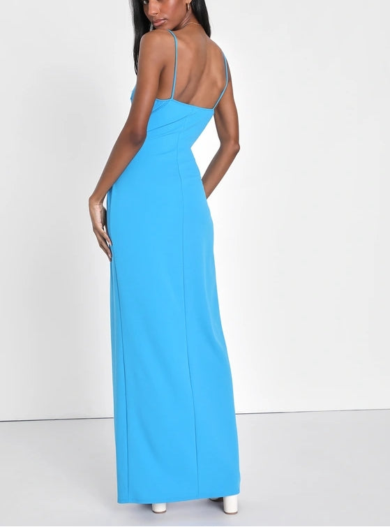 Blue Ruched Surplice Maxi Dress Evening Dresses With Slit