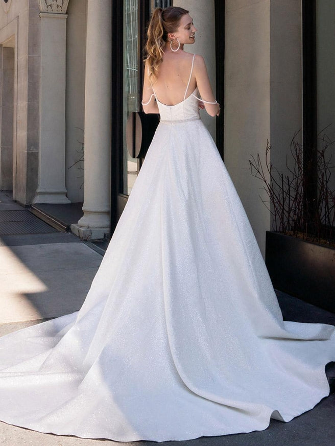 Glitter Simple Wedding Dress Sequined Square Neck Sleeveless Sash A-Line Bridal Dresses