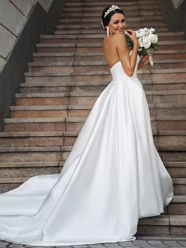 Wedding Dress Satin Strapless Sweetheart Neck Sleeveless A-Line Bridal Gowns Ballgown