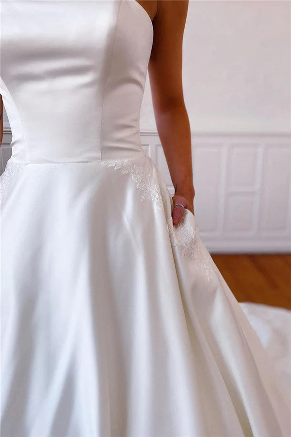 Lace Appliques Long Strapless White Wedding Dress with Pockets Court Train Dresses