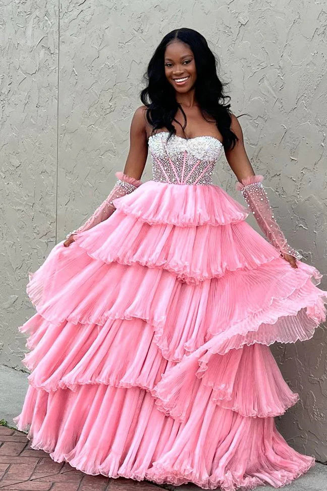 Strapless Beaded Top Ruffled Long Prom Dress