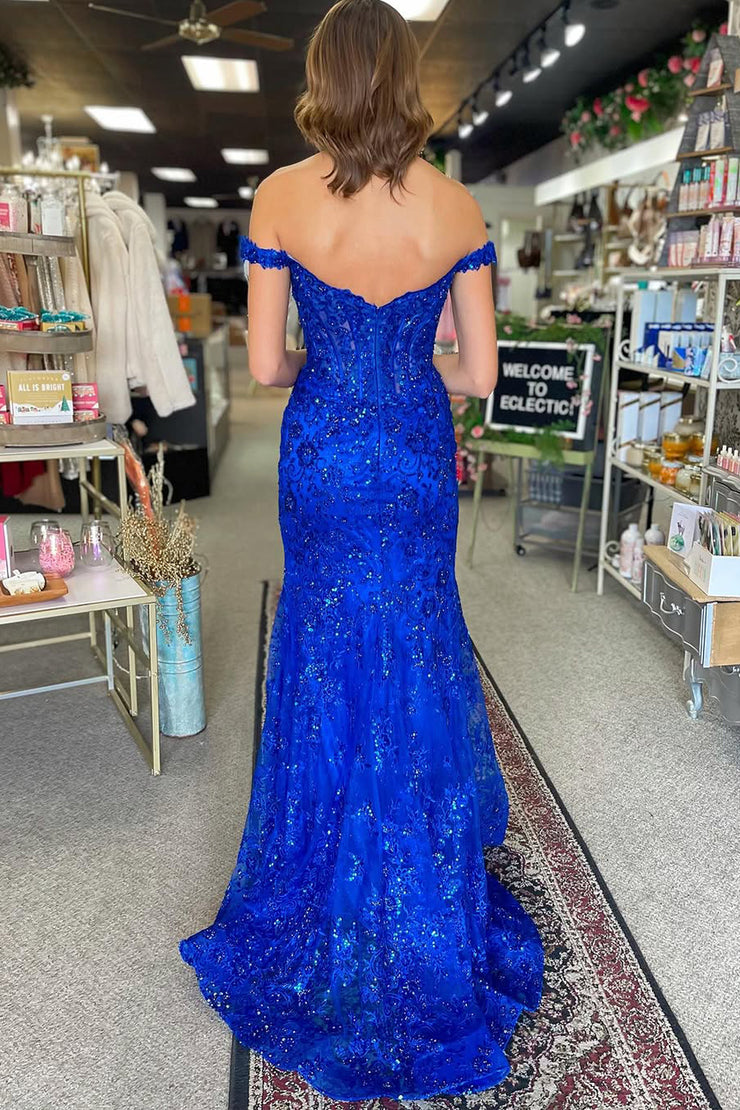 Charming Mermaid Off the Shoulder Royal Blue Sequins Lace Prom Dress