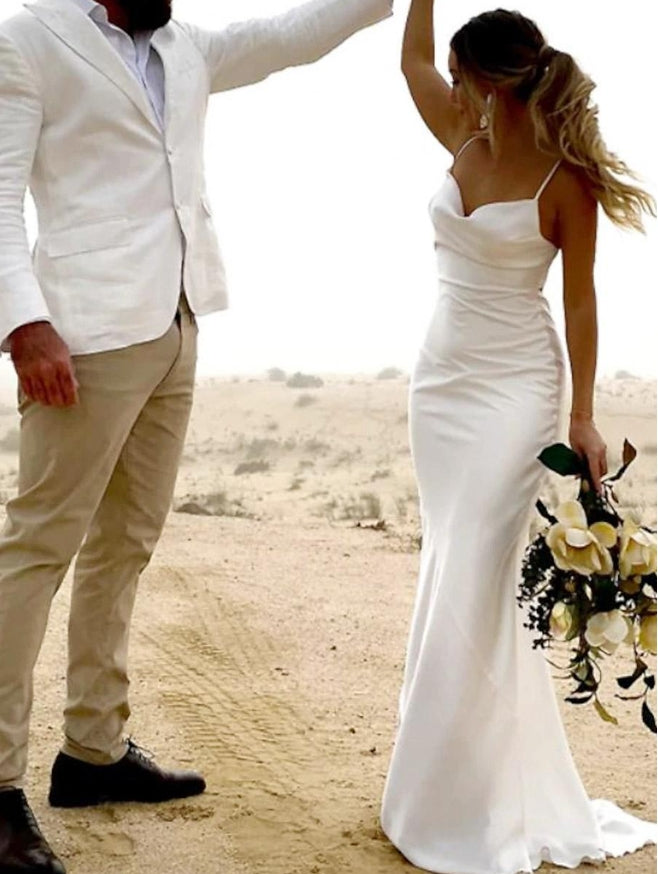 Simple Wedding Dress Mermaid Strapless Sleeveless Pleated Satin Bridal Gowns