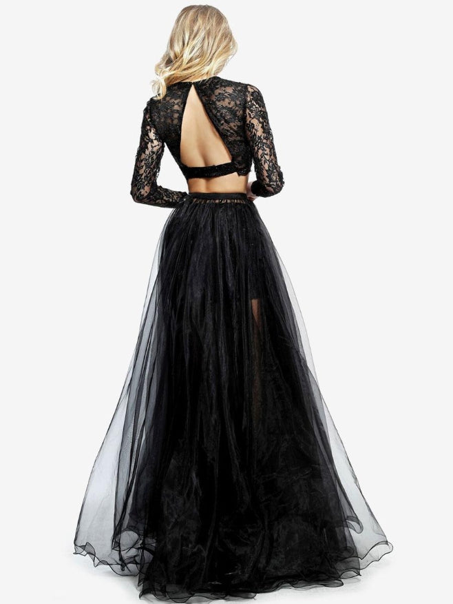 Black Wedding Dresses Two-piece Long Sleeves Lace Tulle With Train Bridal Dress