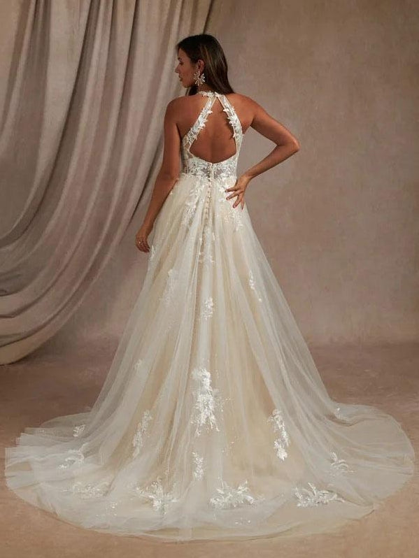 Simple Wedding Dress A-Line V-Neck Sleeveless Lace Bridal Gowns With Slit
