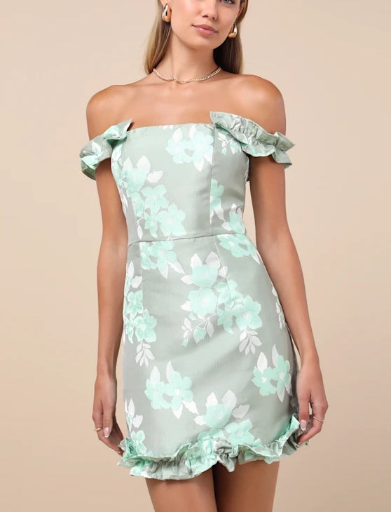 Navy Blue Floral Jacquard Ruffled Mini Dress Off Shoulder Cocktail Dresses