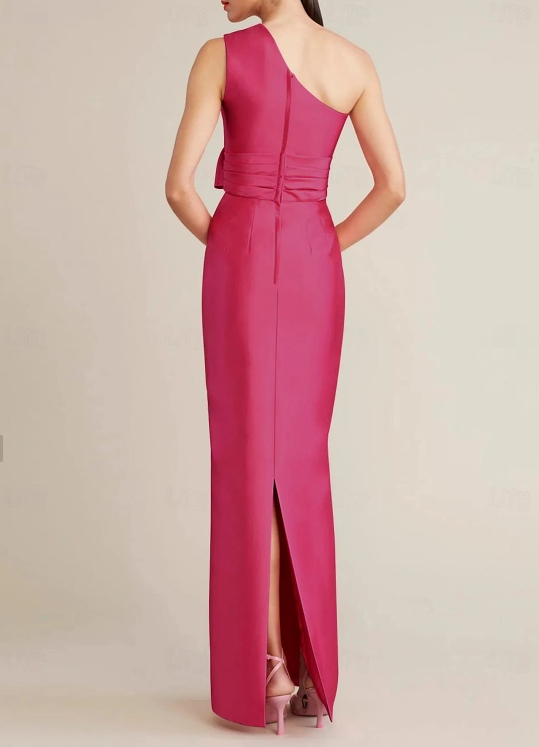 Sheath / Column Cocktail Dresses Wedding Guest Floor Length Sleeveless One Shoulder Satin with Bow(s) Pocket