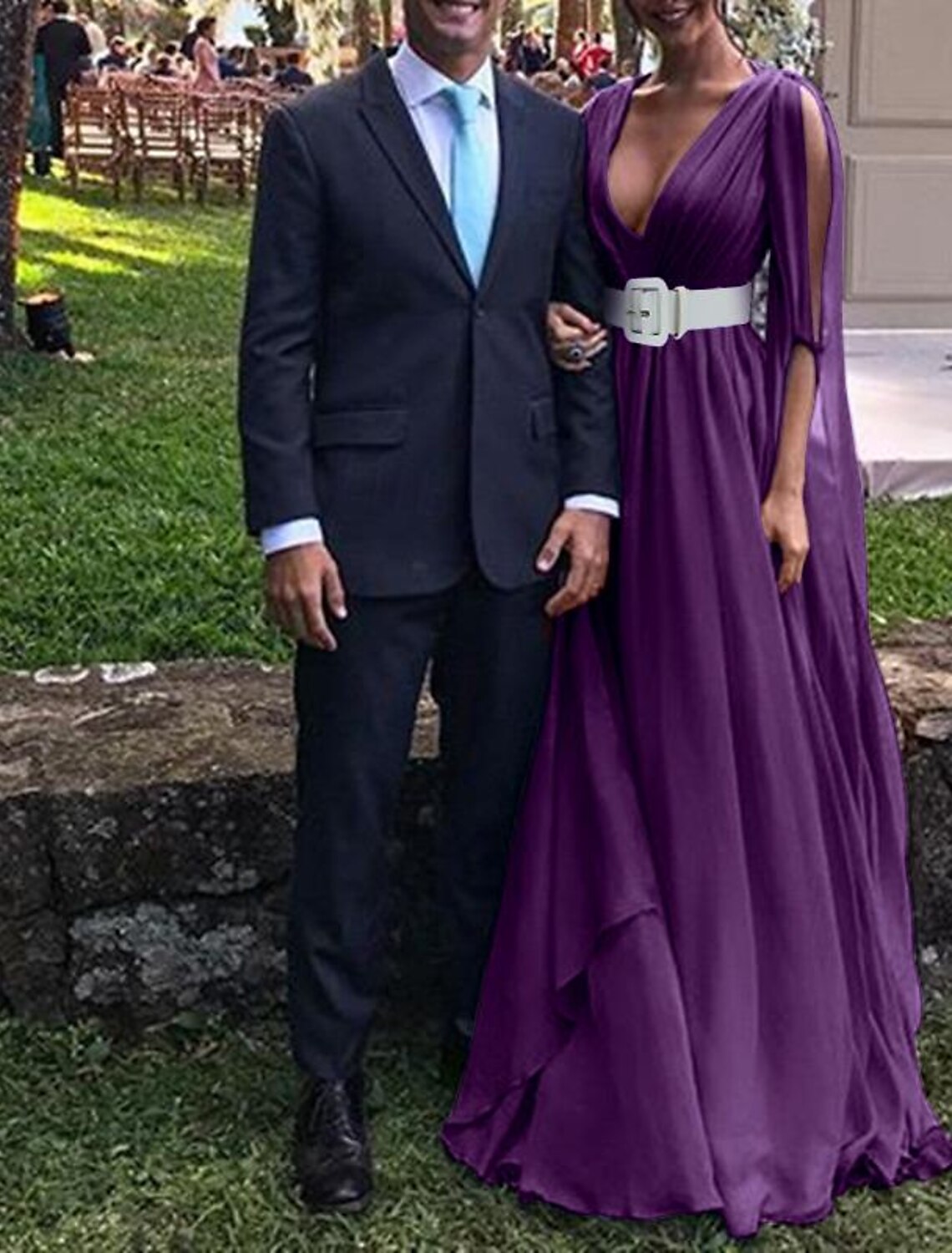 A-Line Wedding Guest Dress Party Dress Black Tie Floor Length Long Sleeve V Neck Fall Chiffon with Belt