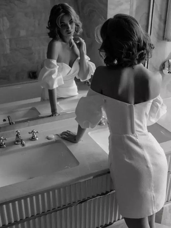 Short Wedding Dresses Bateau Neck Short Sleeves Bubble Sleeved Ball Gown Bridal Gowns
