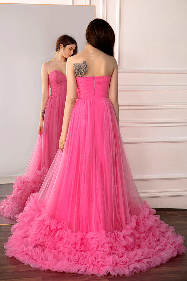 A-Line Princess Pink Strapless Long Tulle Prom Gown Prom Dress