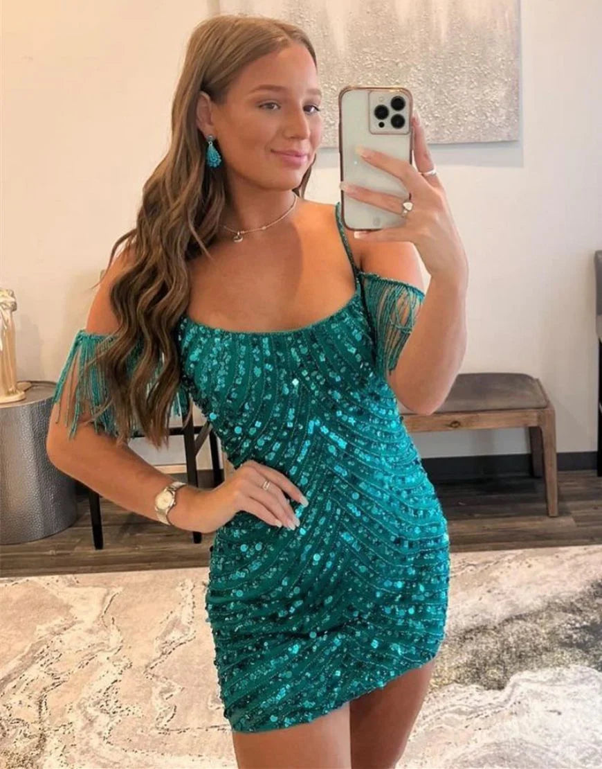 Turquoise Tight Short Sparkly Homecoming Dress Beaded Evening Dress with Fringes