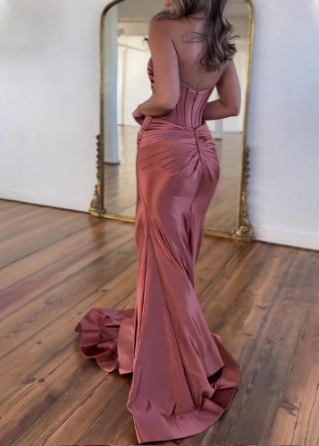 A-Line Prom Elegant Dress Floor Length Sleeveless Strapless Satin with Ruched Slit