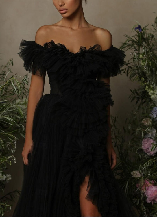 Black Tie A-Line Evening Gown Floor Length Sleeveless Off Shoulder Tulle with Ruched